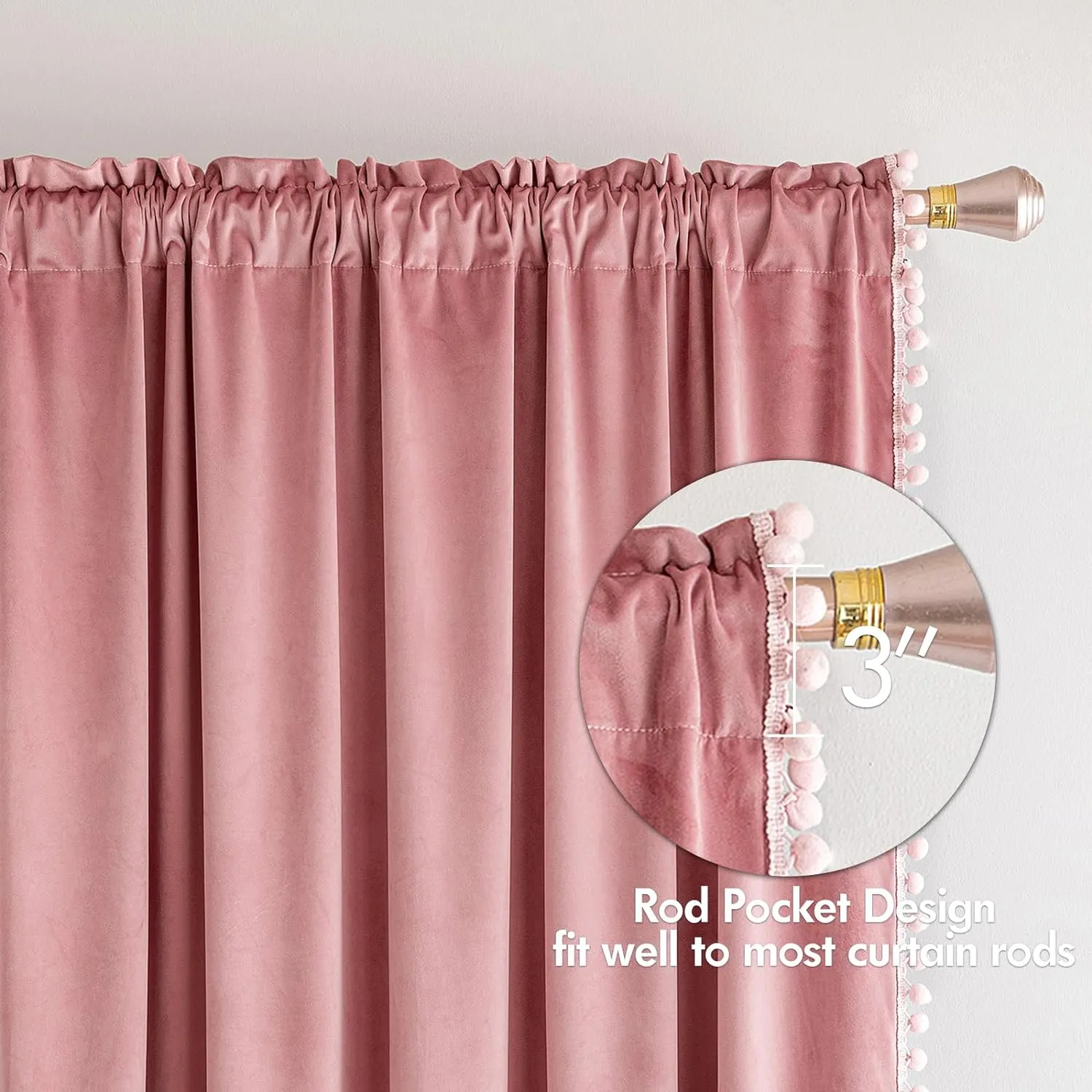 MIULEE Blush Pink Pom Pom Velvet Curtains for Bedroom/Living Room Darkening Thermal Insulating 63 Inches Long Blackout Curtains with Rod Pocket for Girls Room/Nursery/Home Theater Set of 2