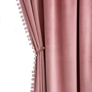 MIULEE Blush Pink Pom Pom Velvet Curtains for Bedroom/Living Room Darkening Thermal Insulating 63 Inches Long Blackout Curtains with Rod Pocket for Girls Room/Nursery/Home Theater Set of 2