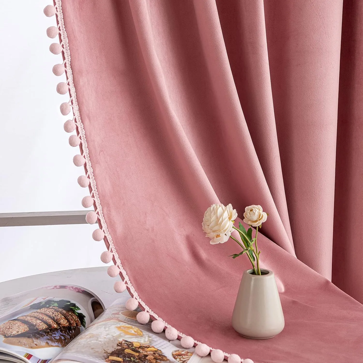 MIULEE Blush Pink Pom Pom Velvet Curtains for Bedroom/Living Room Darkening Thermal Insulating 63 Inches Long Blackout Curtains with Rod Pocket for Girls Room/Nursery/Home Theater Set of 2