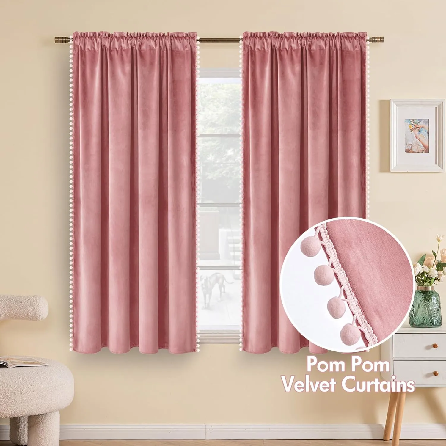 MIULEE Blush Pink Pom Pom Velvet Curtains for Bedroom/Living Room Darkening Thermal Insulating 63 Inches Long Blackout Curtains with Rod Pocket for Girls Room/Nursery/Home Theater Set of 2