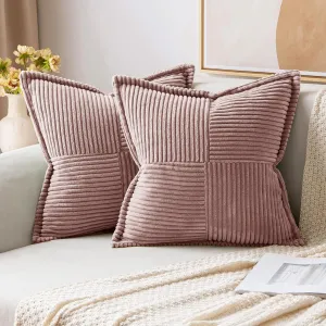 MIULEE Boho Decorative Pillow Covers for Couch Bed Sofa Farmhouse Home Decor 16x16 inch Set of 2 Blush Pink Throw Pillow Broadside Soft Corduroy Pillowcase with Splicing Cushion Livingroom