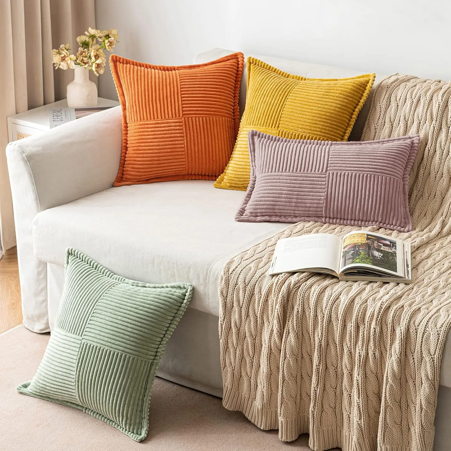 MIULEE Boho Decorative Pillow Covers for Couch Bed Sofa Farmhouse Home Decor 16x16 inch Set of 2 Blush Pink Throw Pillow Broadside Soft Corduroy Pillowcase with Splicing Cushion Livingroom
