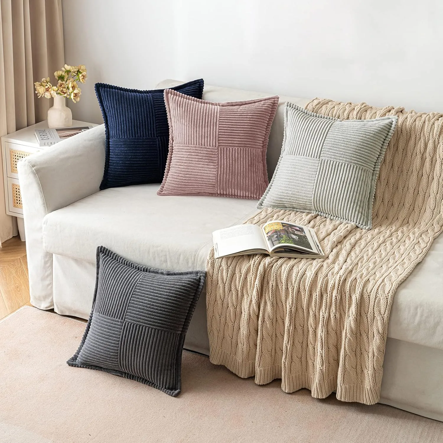 MIULEE Boho Decorative Pillow Covers for Couch Bed Sofa Farmhouse Home Decor 16x16 inch Set of 2 Blush Pink Throw Pillow Broadside Soft Corduroy Pillowcase with Splicing Cushion Livingroom