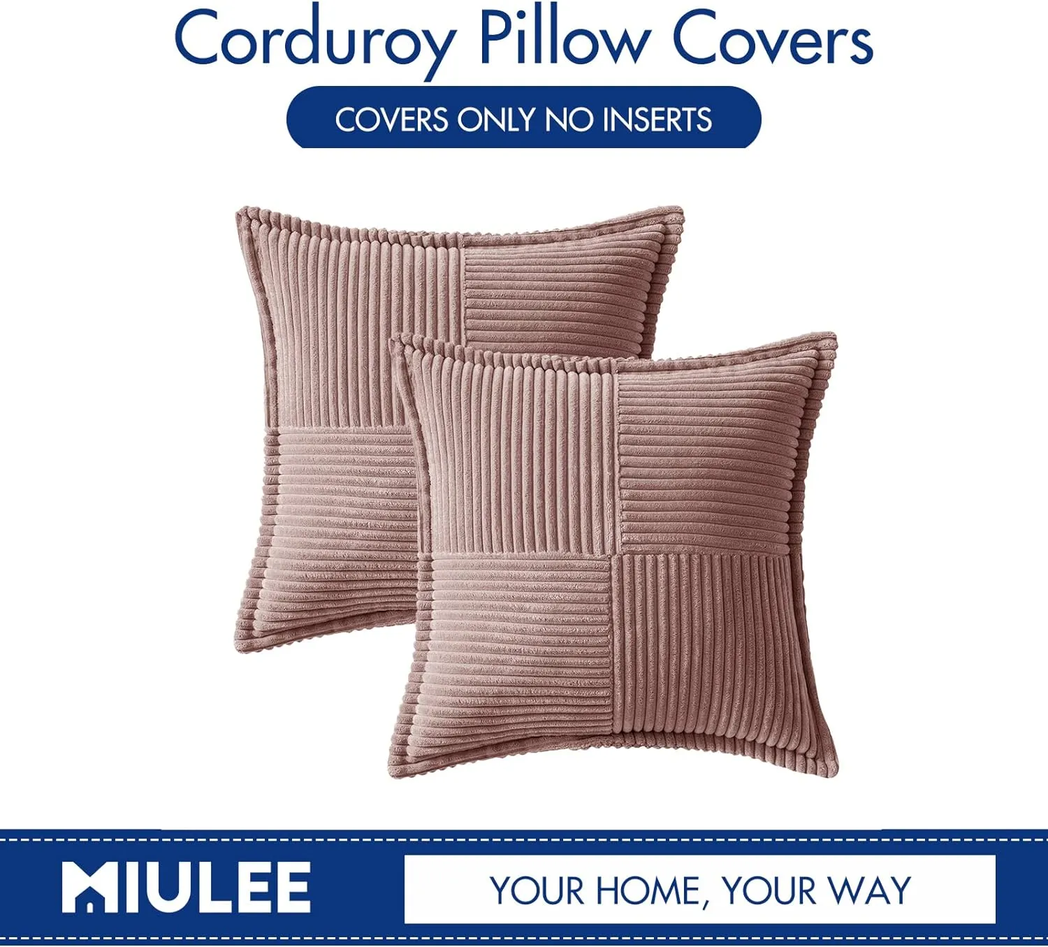 MIULEE Boho Decorative Pillow Covers for Couch Bed Sofa Farmhouse Home Decor 16x16 inch Set of 2 Blush Pink Throw Pillow Broadside Soft Corduroy Pillowcase with Splicing Cushion Livingroom