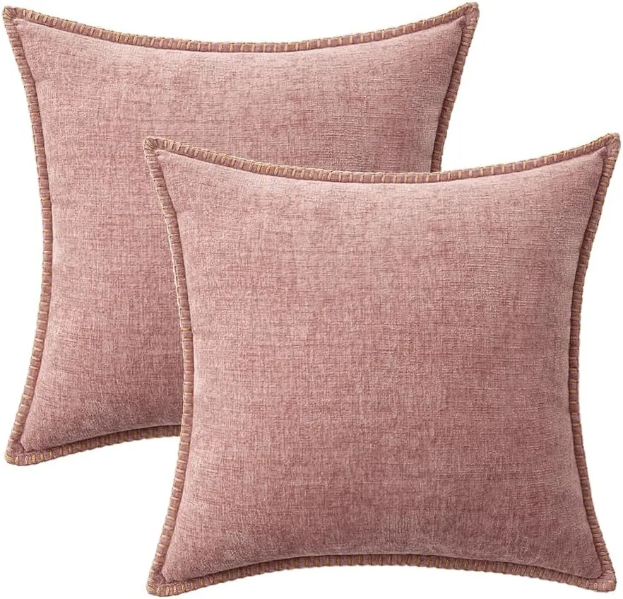MIULEE Pack of 2 Couch Throw Pillow Covers 24x24 Inch Blush Pink Farmhouse Decorative Pillow Covers with Stitched Edge Soft Chenille Solid Dyed Spring Pillow Covers for Sofa Bed Living Room