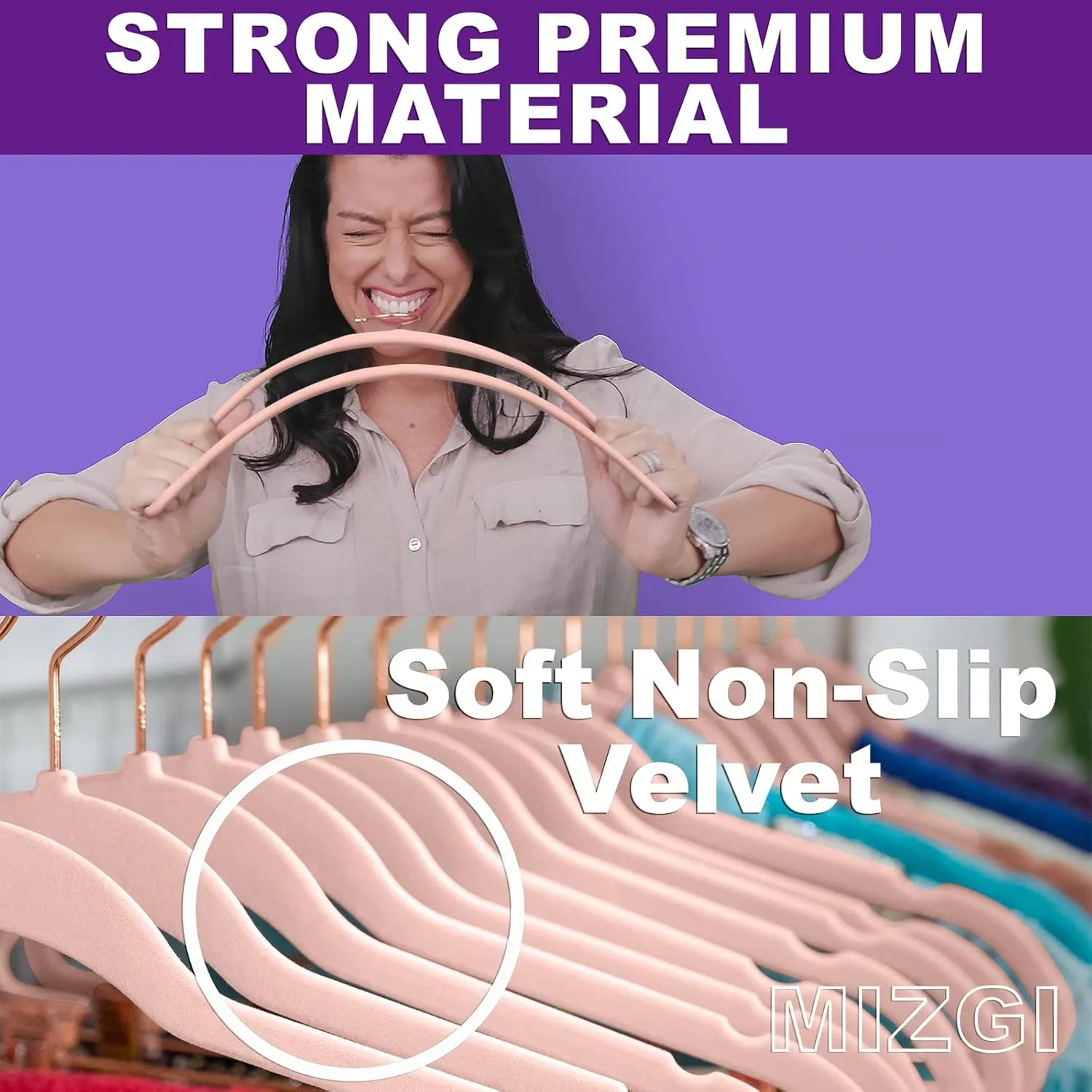 MIZGI Premium Velvet Hangers (60 Pack) Heavy Duty - Non Slip Felt Hangers - Blush Pink - Rose Gold 360 Degree Swivel Hooks,Space Saving Clothes Hanger,Durable Strong Hanger for Suits,Coats