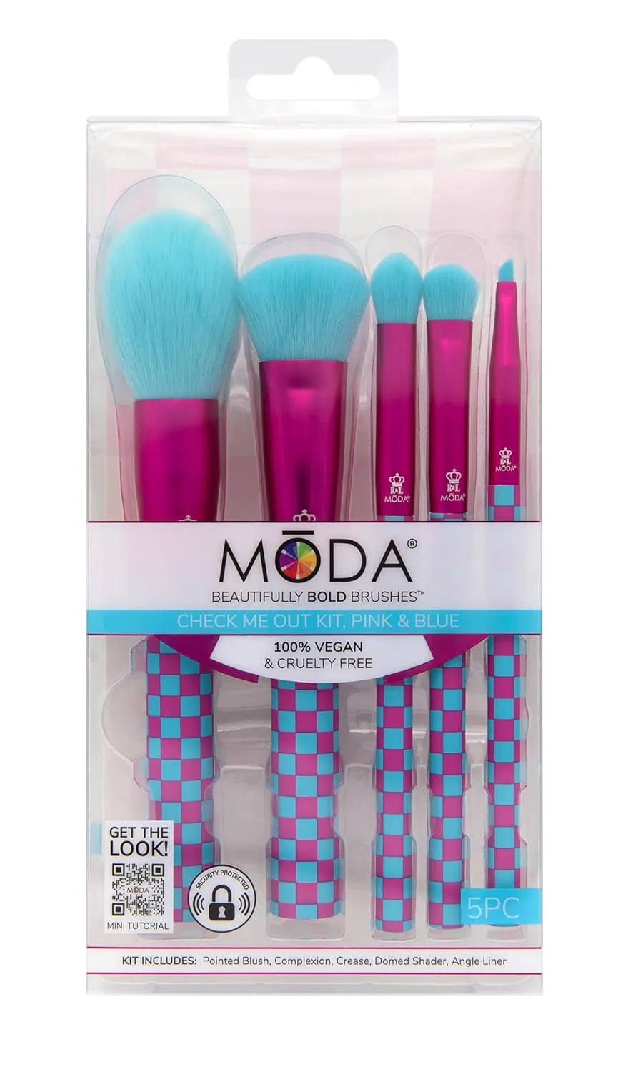 MODA Check Me Out 5pc Pink & Blue Makeup Brush Kit – Face and Eye Brushes, Vegan & Cruelty-Free Beauty Set
