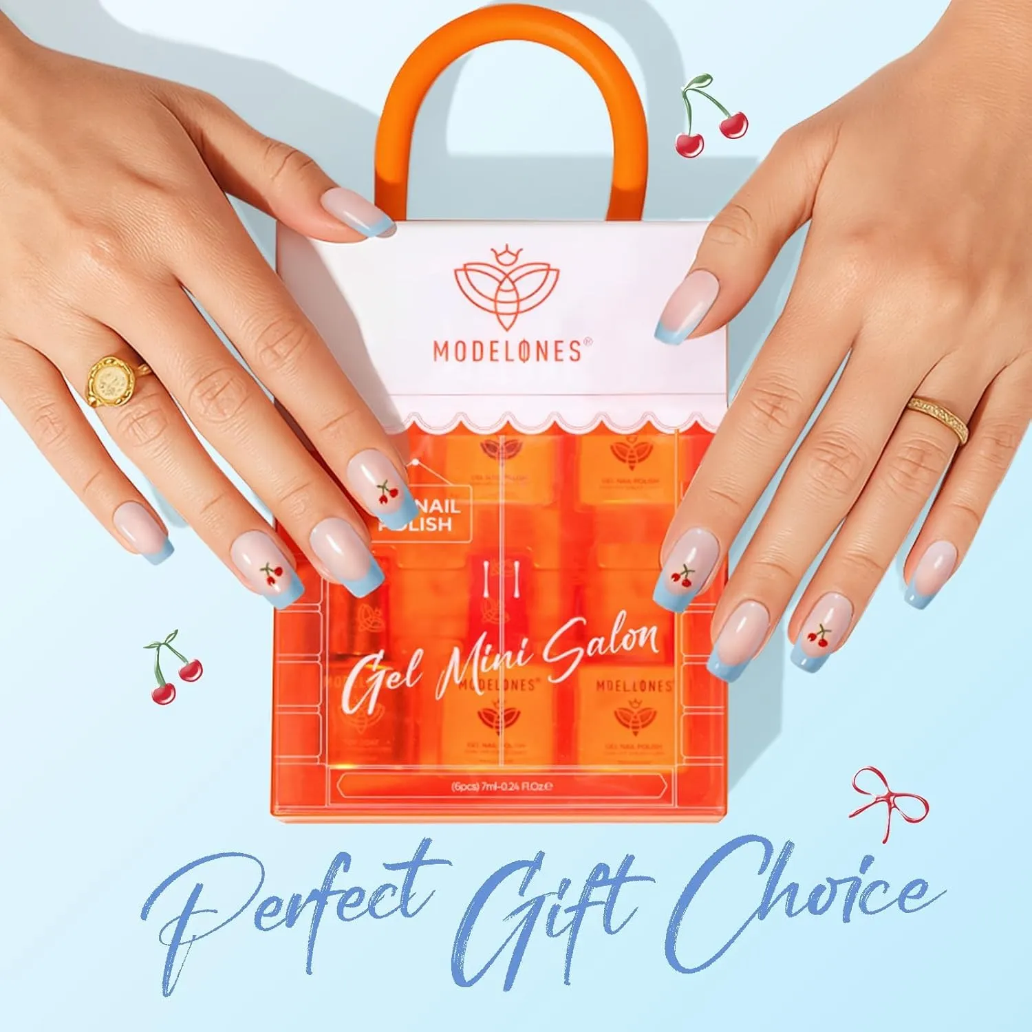 modelones Summer Gel Nail Polish Kit with U V Light, Pearl White Glitter Baby Blue Light Pink Sky Blue Manicure Set with Cherry Stickers, Base Top Coat, 4 Colors Gel Mini Salon Starter Spring Gift