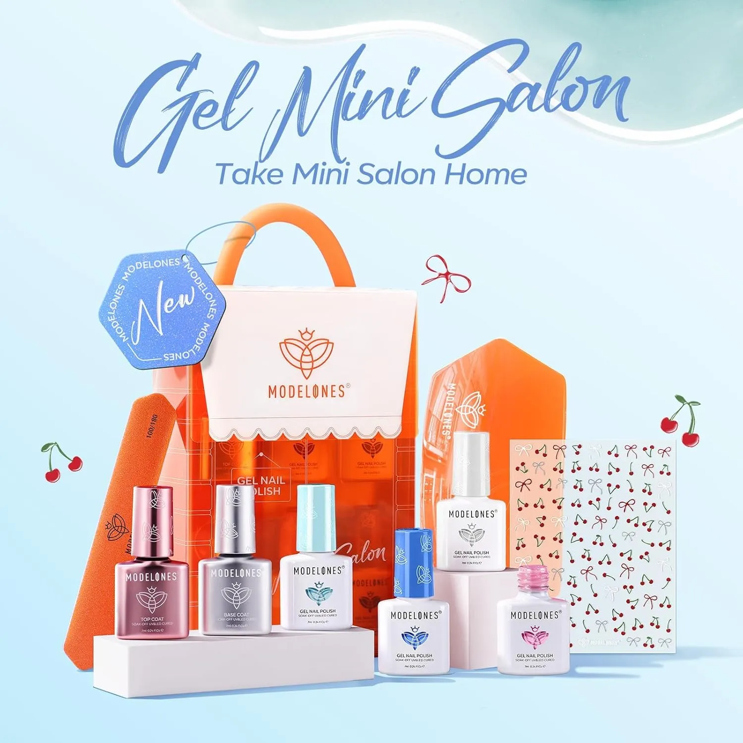 modelones Summer Gel Nail Polish Kit with U V Light, Pearl White Glitter Baby Blue Light Pink Sky Blue Manicure Set with Cherry Stickers, Base Top Coat, 4 Colors Gel Mini Salon Starter Spring Gift