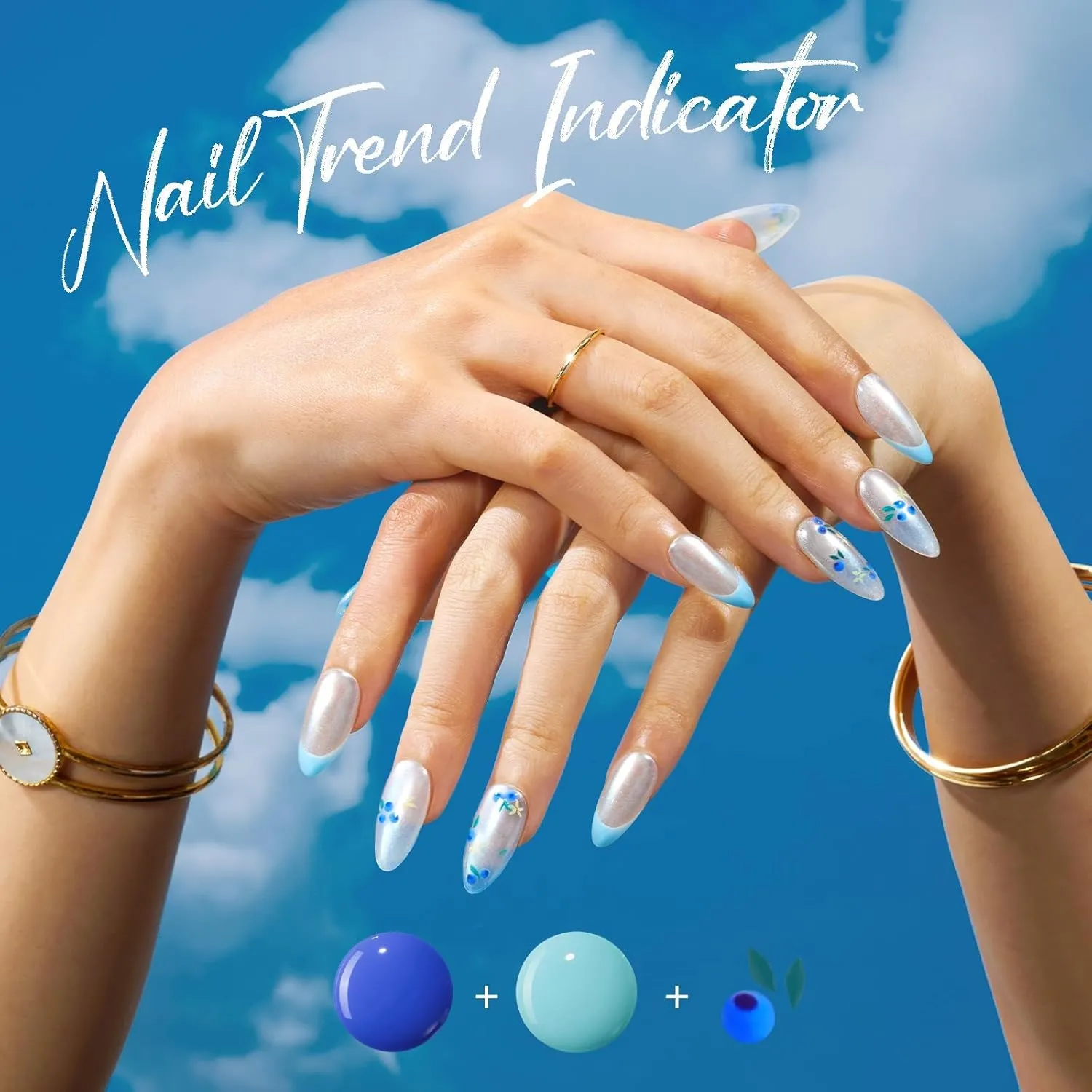 modelones Summer Gel Nail Polish Kit with U V Light, Pearl White Glitter Baby Blue Light Pink Sky Blue Manicure Set with Cherry Stickers, Base Top Coat, 4 Colors Gel Mini Salon Starter Spring Gift