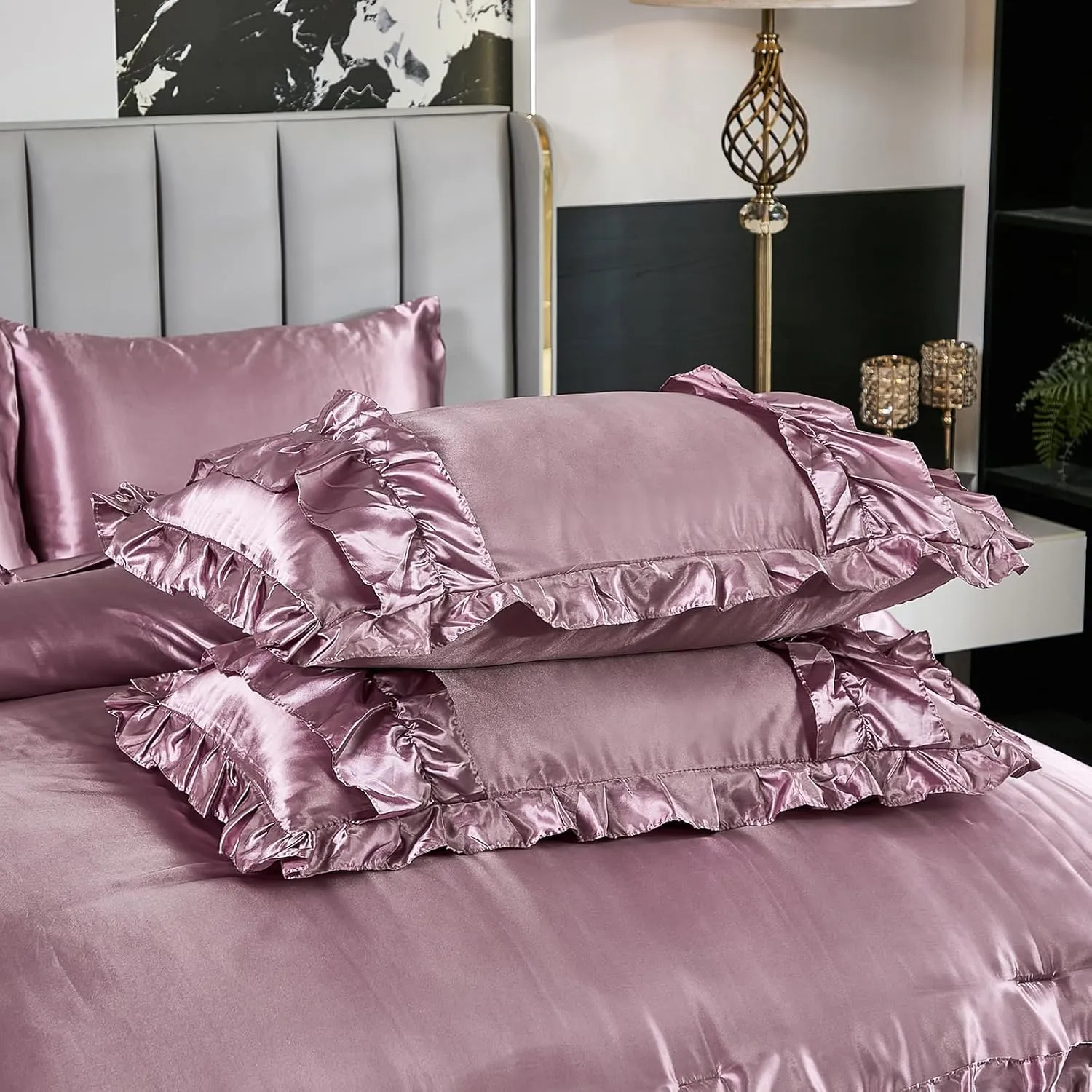 MOVE OVER 8 Pieces Silk Like Satin Comforter Set Queen Size Bean Paste Pink Ruffle Comforter Set with Sheet Set Farmhouse Shabby Chic Bedding Comforter Set Blush Pink Silky Comforter Sets