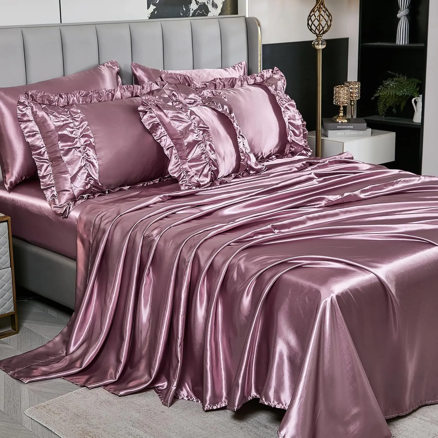 MOVE OVER 8 Pieces Silk Like Satin Comforter Set Queen Size Bean Paste Pink Ruffle Comforter Set with Sheet Set Farmhouse Shabby Chic Bedding Comforter Set Blush Pink Silky Comforter Sets