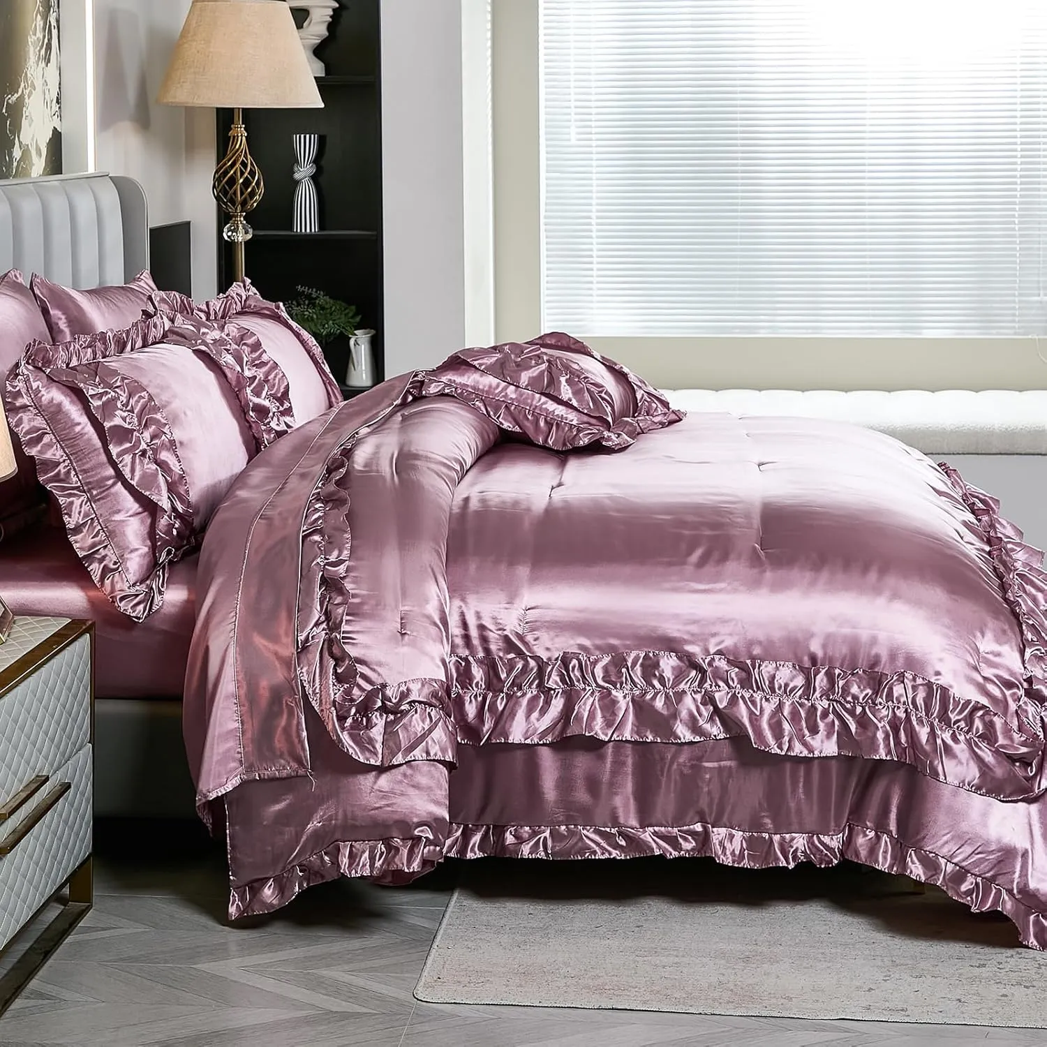 MOVE OVER 8 Pieces Silk Like Satin Comforter Set Queen Size Bean Paste Pink Ruffle Comforter Set with Sheet Set Farmhouse Shabby Chic Bedding Comforter Set Blush Pink Silky Comforter Sets