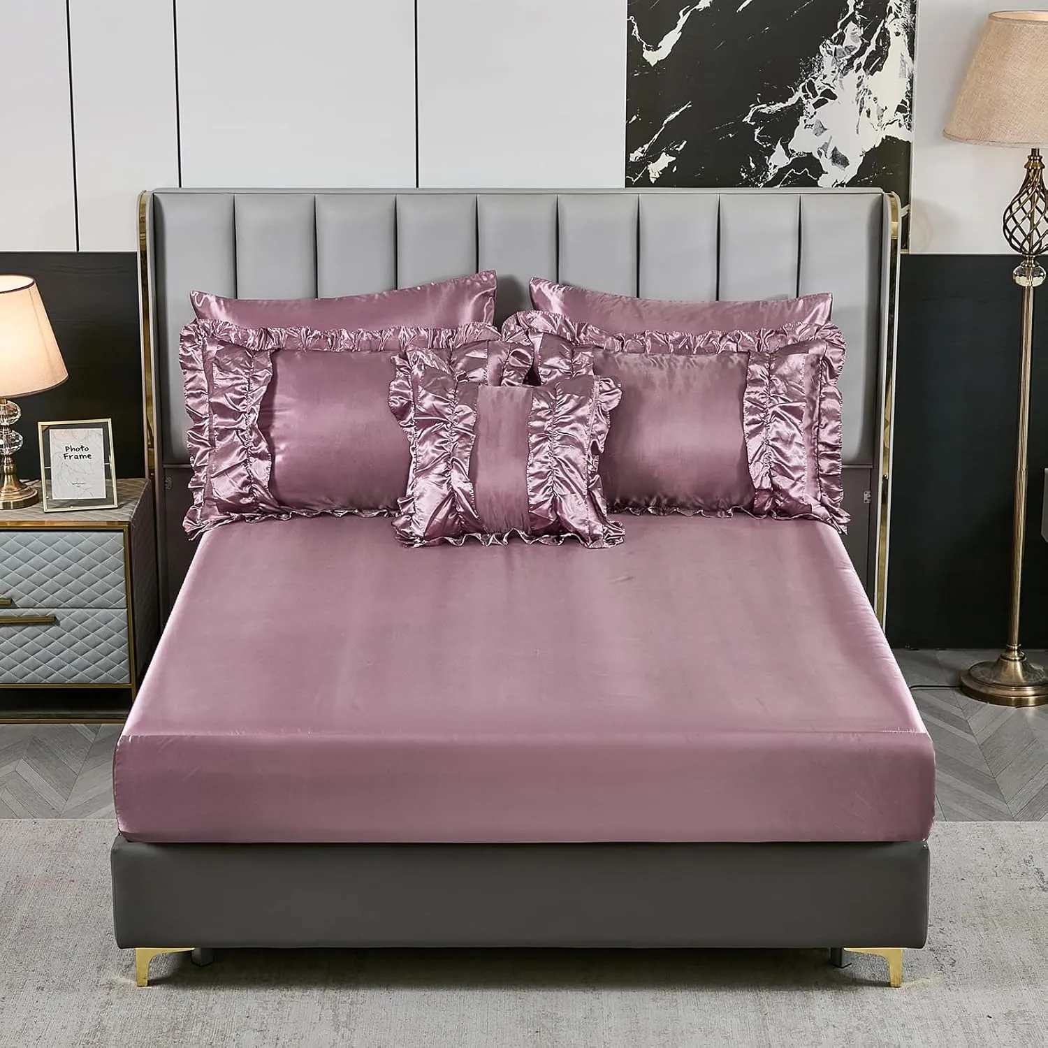 MOVE OVER 8 Pieces Silk Like Satin Comforter Set Queen Size Bean Paste Pink Ruffle Comforter Set with Sheet Set Farmhouse Shabby Chic Bedding Comforter Set Blush Pink Silky Comforter Sets