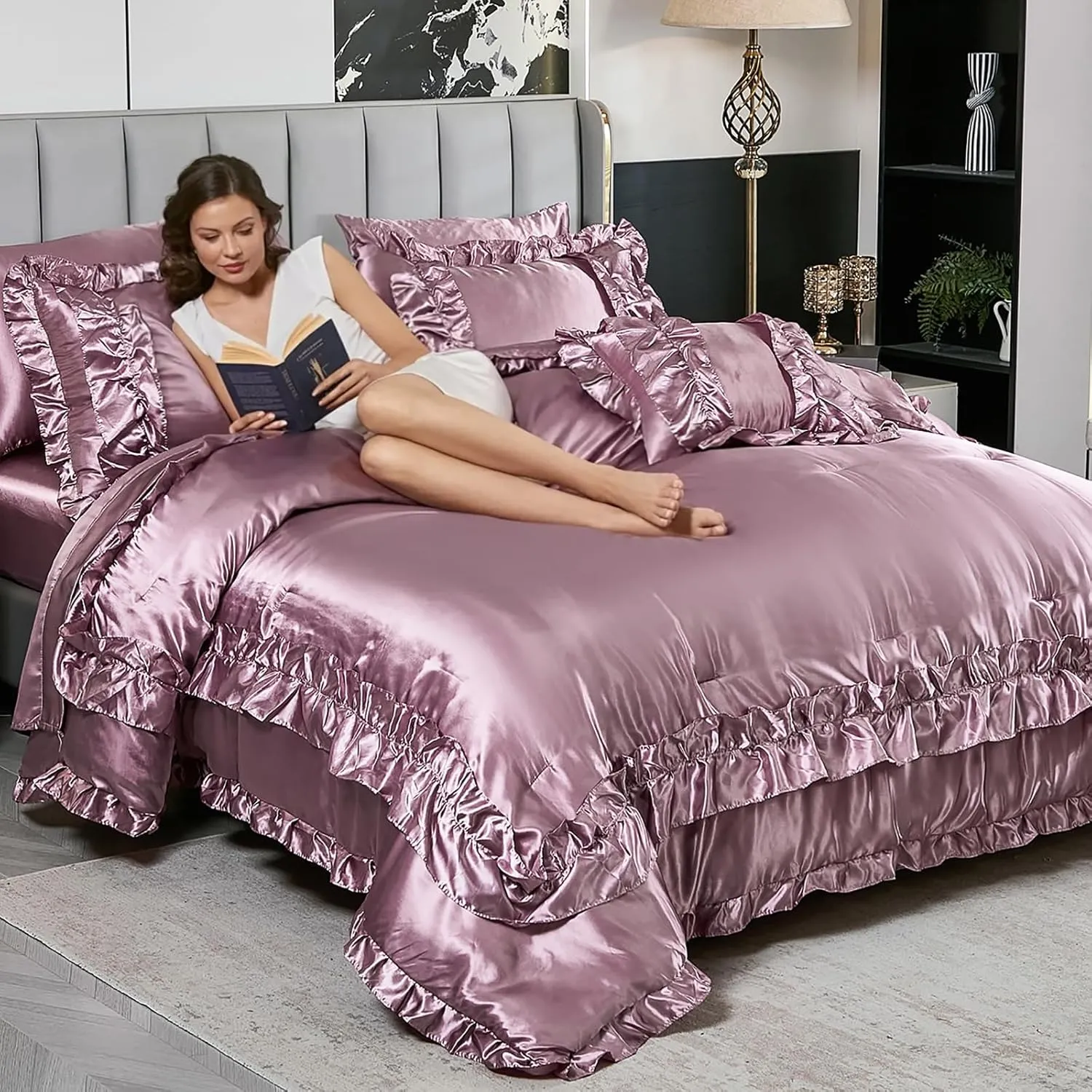 MOVE OVER 8 Pieces Silk Like Satin Comforter Set Queen Size Bean Paste Pink Ruffle Comforter Set with Sheet Set Farmhouse Shabby Chic Bedding Comforter Set Blush Pink Silky Comforter Sets