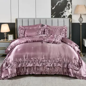 MOVE OVER 8 Pieces Silk Like Satin Comforter Set Queen Size Bean Paste Pink Ruffle Comforter Set with Sheet Set Farmhouse Shabby Chic Bedding Comforter Set Blush Pink Silky Comforter Sets