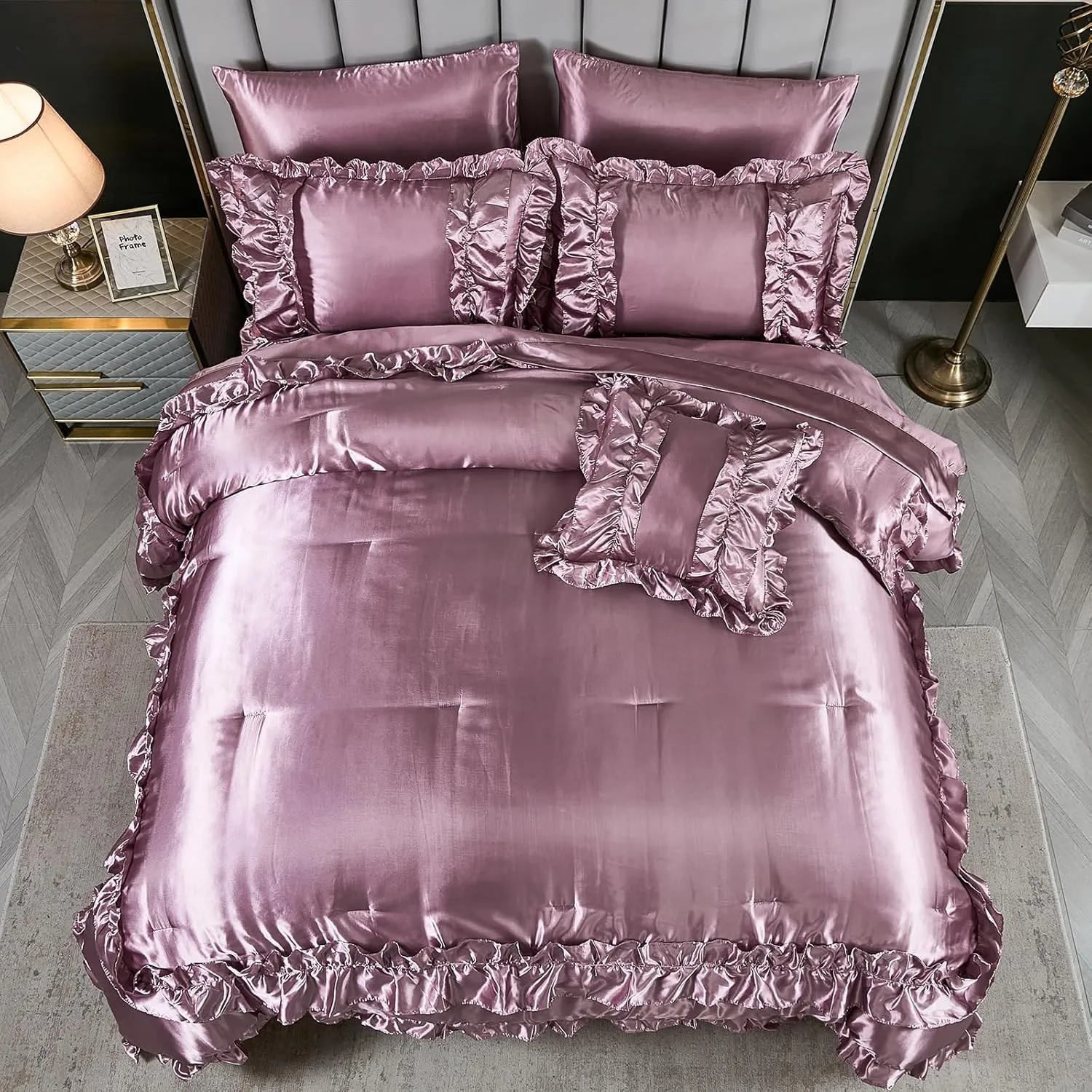 MOVE OVER 8 Pieces Silk Like Satin Comforter Set Queen Size Bean Paste Pink Ruffle Comforter Set with Sheet Set Farmhouse Shabby Chic Bedding Comforter Set Blush Pink Silky Comforter Sets