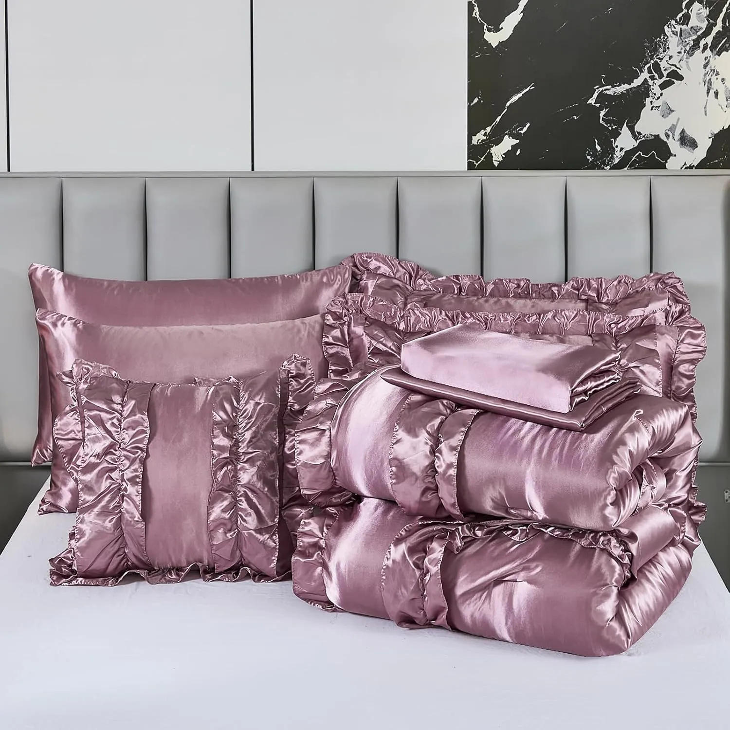 MOVE OVER 8 Pieces Silk Like Satin Comforter Set Queen Size Bean Paste Pink Ruffle Comforter Set with Sheet Set Farmhouse Shabby Chic Bedding Comforter Set Blush Pink Silky Comforter Sets