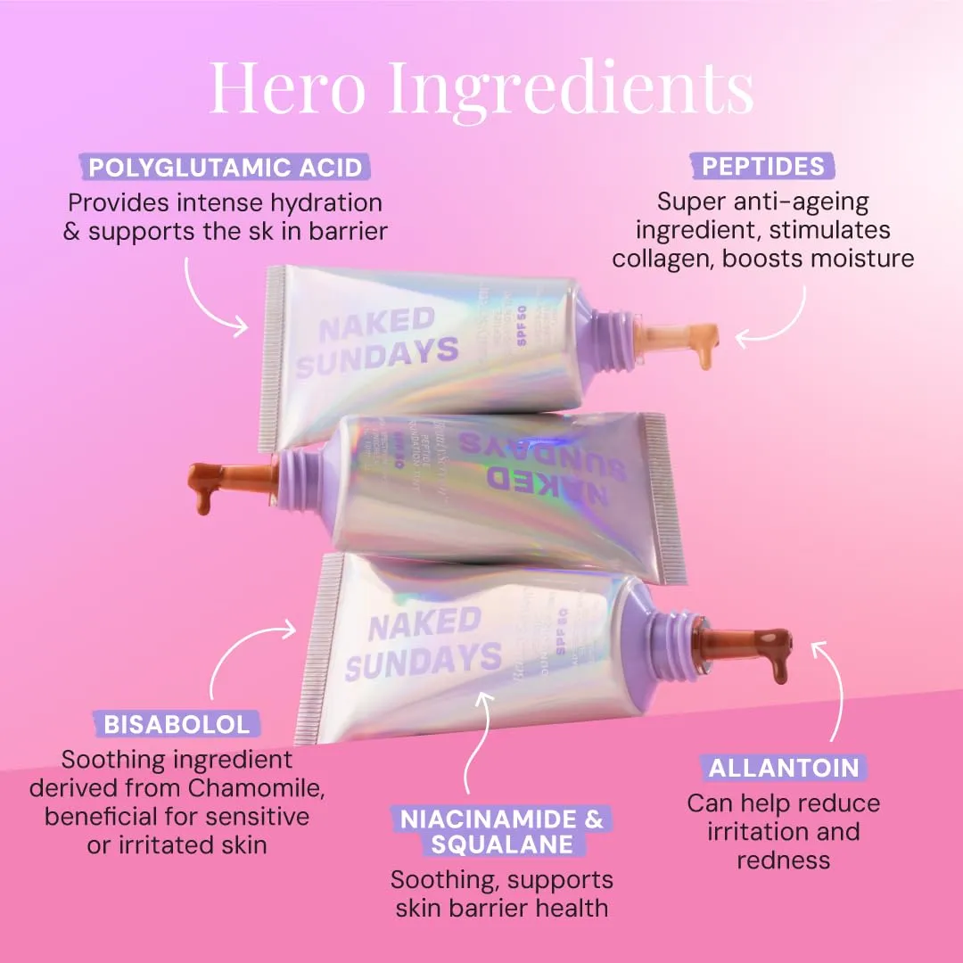 Naked Sundays BeautyScreen SPF 50 Mineral Peptide Foundation Tints, 2-in-1 SPF and Skin Tint, Radiant with Light buildable coverage, infused with Peptides, Acne-Safe (2.5 Light Neutral, 1.01 oz)