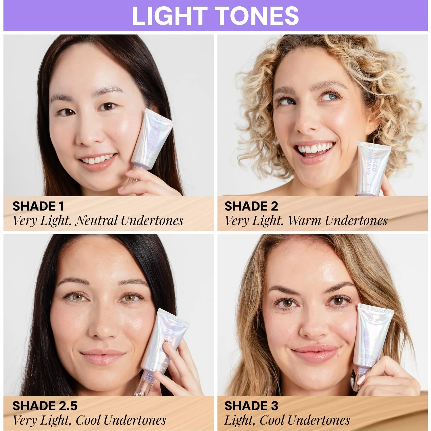 Naked Sundays BeautyScreen SPF 50 Mineral Peptide Foundation Tints, 2-in-1 SPF and Skin Tint, Radiant with Light buildable coverage, infused with Peptides, Acne-Safe (2.5 Light Neutral, 1.01 oz)