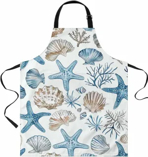 Nautical Coastal Waterproof Apron With Pockets,Retro Blue Starfish Shell Conch Marine Seaweed Kitchen Chefs Bib Cooking BBQ Grill Bake Adjustable Aprons for Women Garden Grooming Painting Gardening