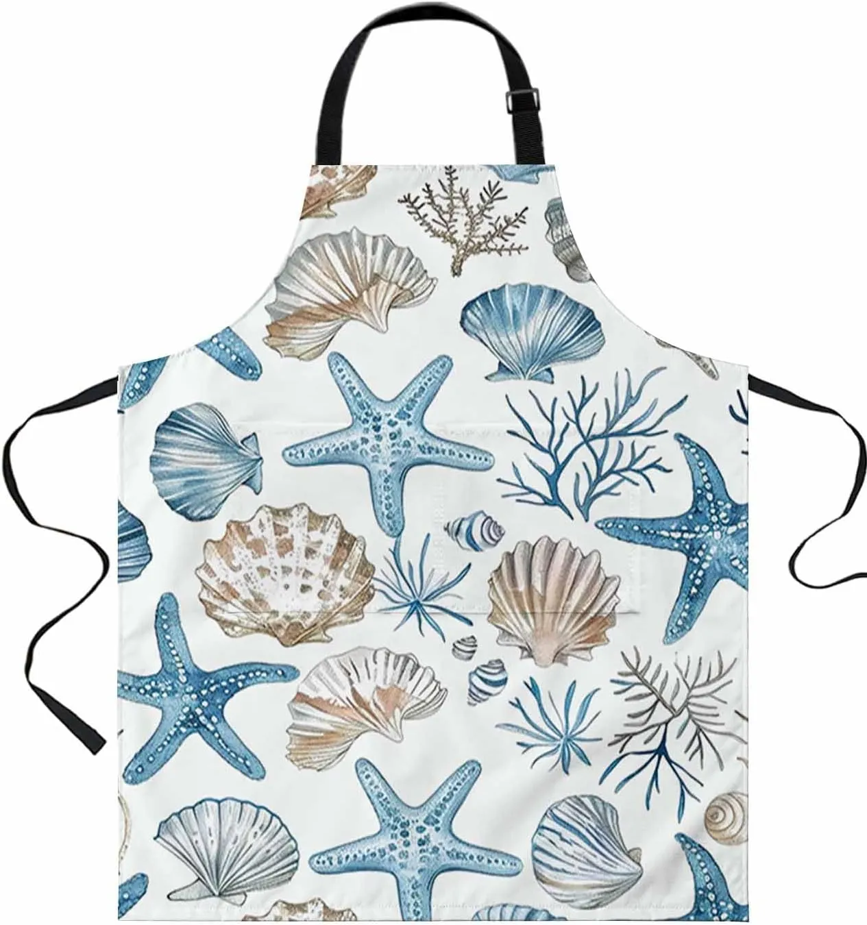 Nautical Coastal Waterproof Apron With Pockets,Retro Blue Starfish Shell Conch Marine Seaweed Kitchen Chefs Bib Cooking BBQ Grill Bake Adjustable Aprons for Women Garden Grooming Painting Gardening