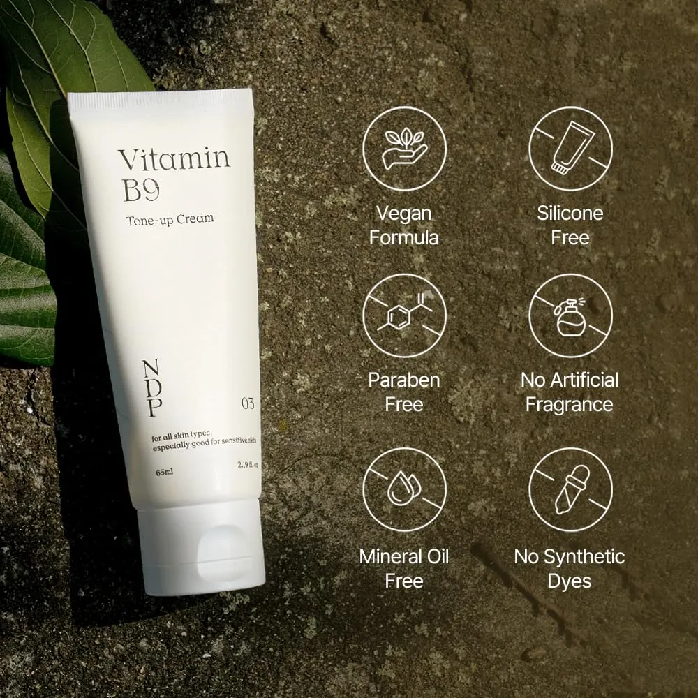 NDP Vitamin B9 Tone-up Cream, Silicone Free Face Primer for Pore Minimizing, Breathable Skin Formula, Glass Skin & Lightweight, Vegan Clean K-Beauty, 95% Purity Madecassoside (65ml / 2.19 Fl Oz)