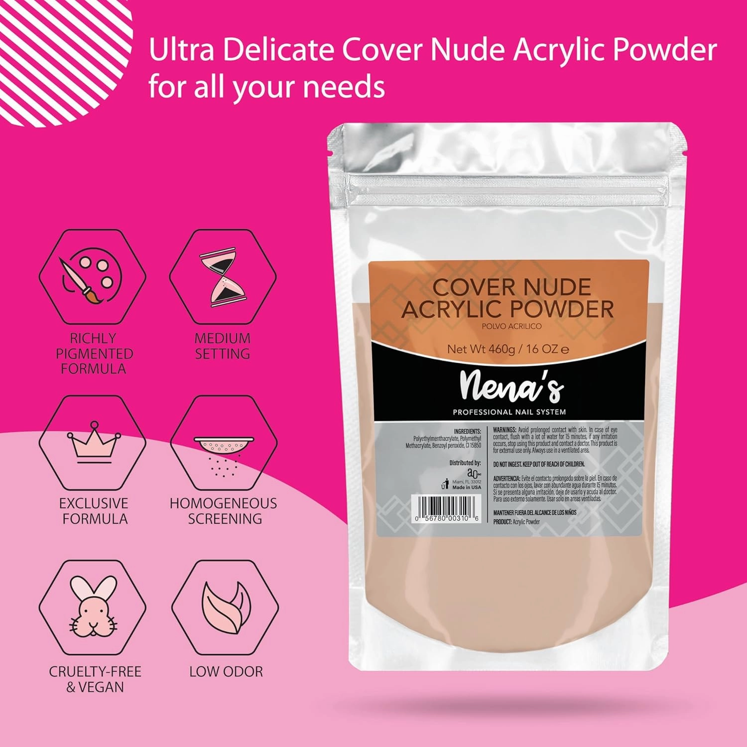 Nena's Superior Sculpting Powder Professional Acrylic Nail System Clear Blush Pink Medium Pink 16 oz 460 g (Cover NUDE)