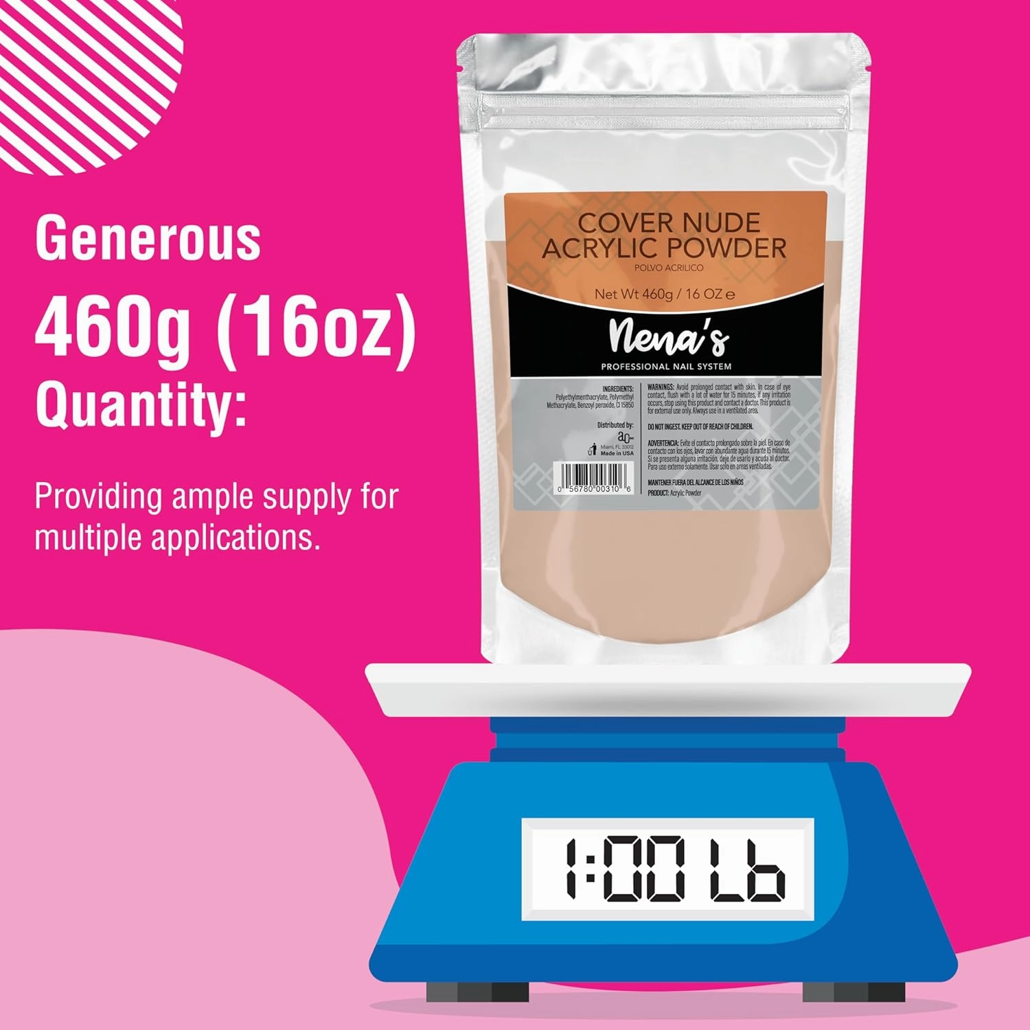 Nena's Superior Sculpting Powder Professional Acrylic Nail System Clear Blush Pink Medium Pink 16 oz 460 g (Cover NUDE)
