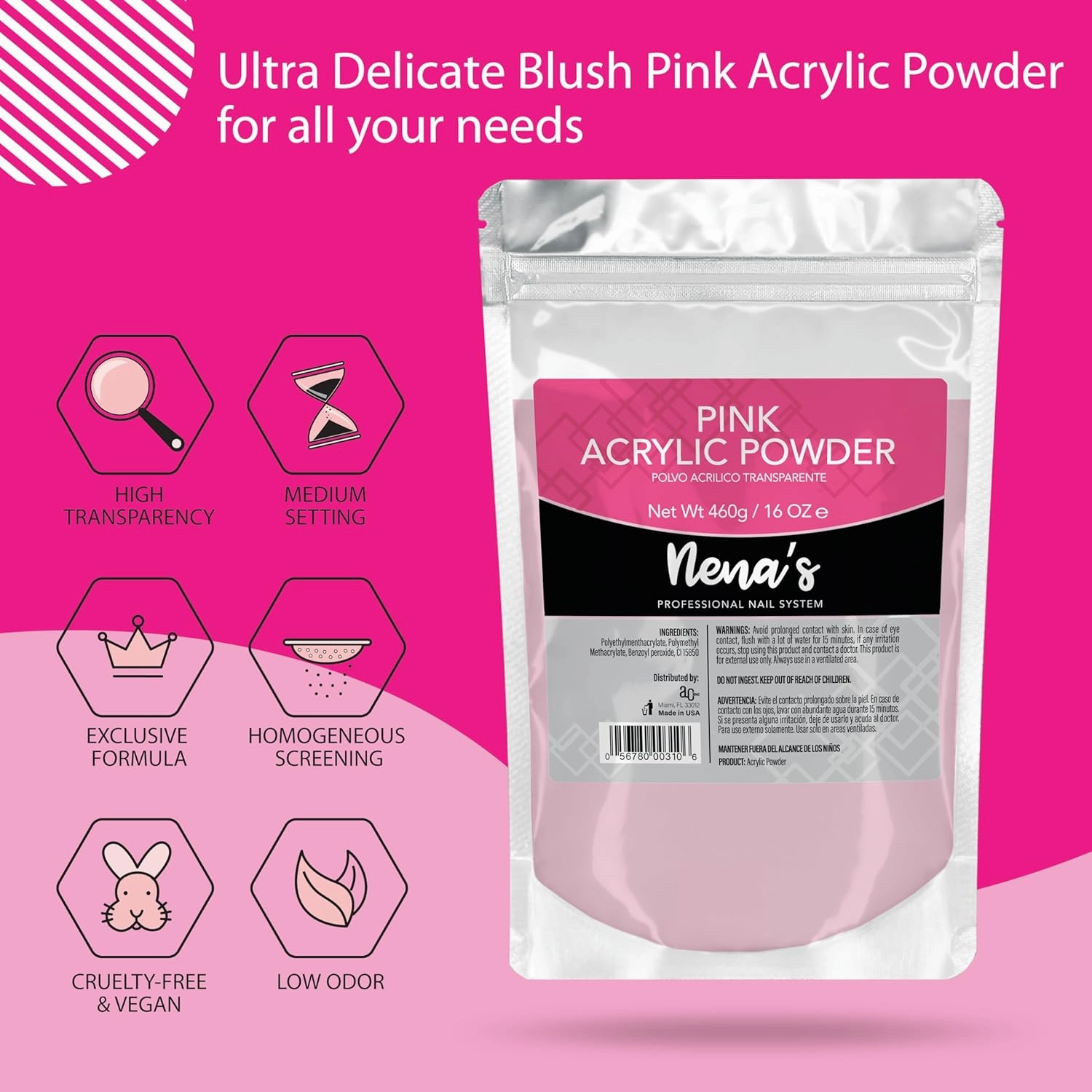 Nena's Superior Sculpting Powder Professional Acrylic Nail System Clear Blush Pink Medium Pink 16 oz 460 g