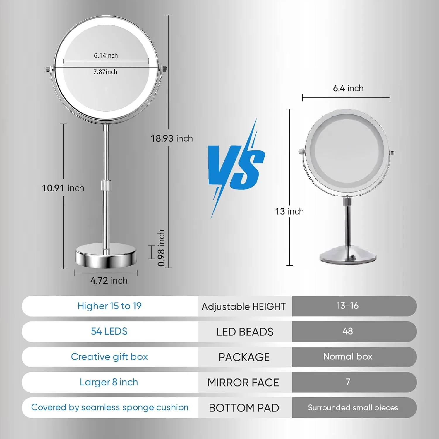 Nicesail LED 7X Make up Mirror of 8 Inch, 4000 mAh Rechargeable Mirror with Light of 3 Colors, Brightness Adjustable, Height Adjustable, Double Sided Mirror in Chrome Finish (8 Inch, 7X)
