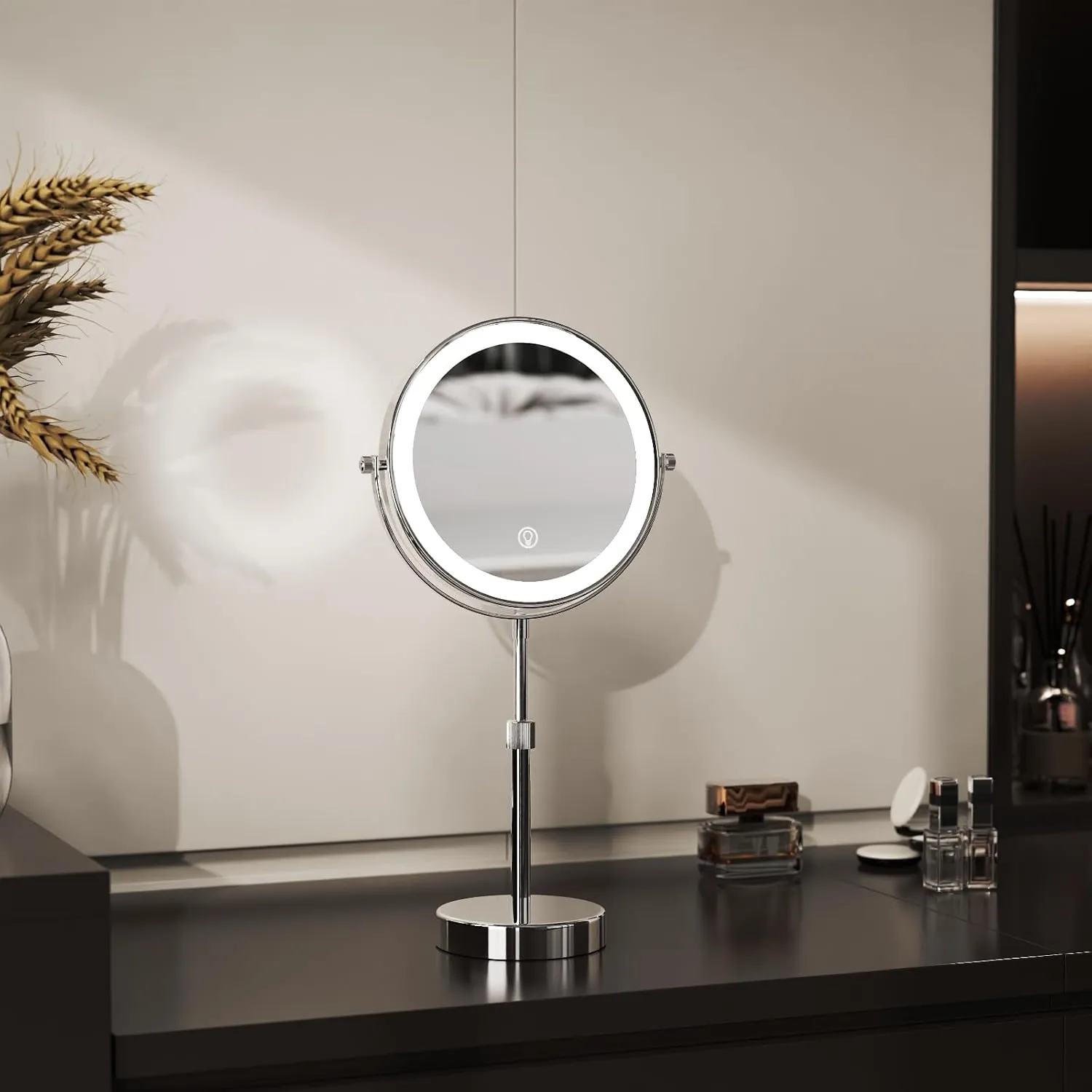 Nicesail LED 7X Make up Mirror of 8 Inch, 4000 mAh Rechargeable Mirror with Light of 3 Colors, Brightness Adjustable, Height Adjustable, Double Sided Mirror in Chrome Finish (8 Inch, 7X)