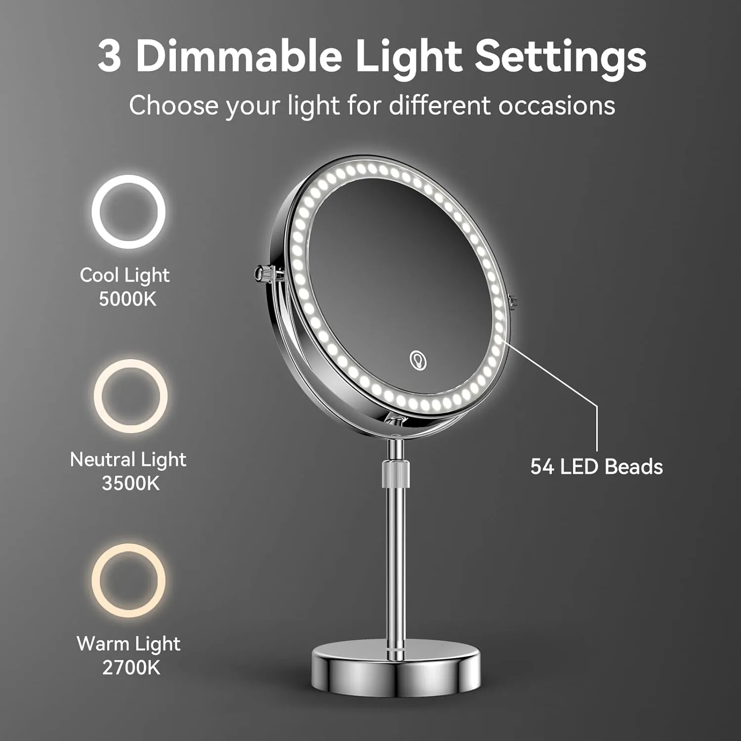 Nicesail LED 7X Make up Mirror of 8 Inch, 4000 mAh Rechargeable Mirror with Light of 3 Colors, Brightness Adjustable, Height Adjustable, Double Sided Mirror in Chrome Finish (8 Inch, 7X)