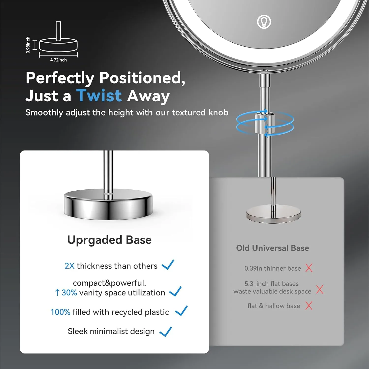Nicesail LED 7X Make up Mirror of 8 Inch, 4000 mAh Rechargeable Mirror with Light of 3 Colors, Brightness Adjustable, Height Adjustable, Double Sided Mirror in Chrome Finish (8 Inch, 7X)
