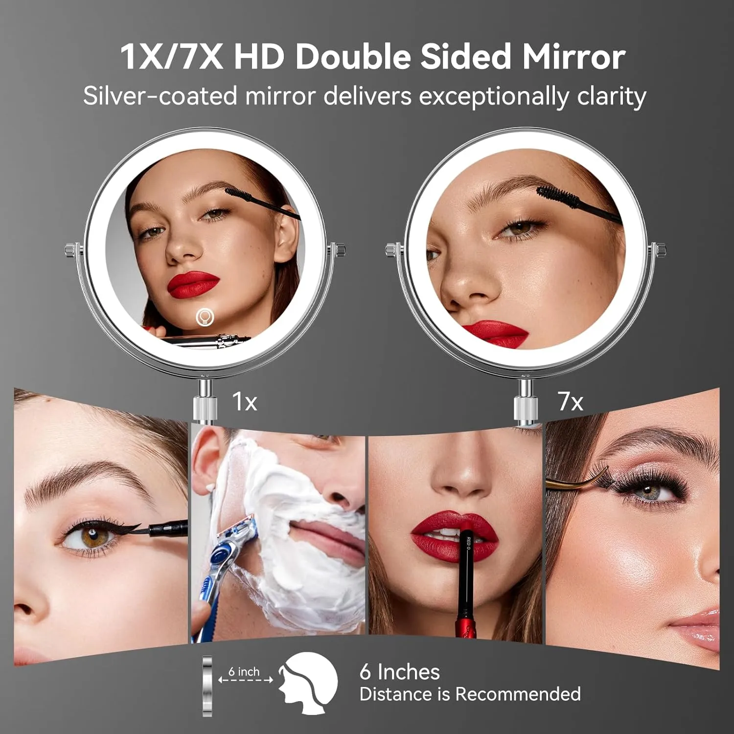 Nicesail LED 7X Make up Mirror of 8 Inch, 4000 mAh Rechargeable Mirror with Light of 3 Colors, Brightness Adjustable, Height Adjustable, Double Sided Mirror in Chrome Finish (8 Inch, 7X)