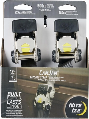 Nite Ize CamJam Ratchet Strap System - Easy-Release Patented Lever Pawl - Tie Down Straps & Ratchet with Adjustable Positioning for Varied Configurations - 500 lb Working Load Limit - Small (2 Pack)