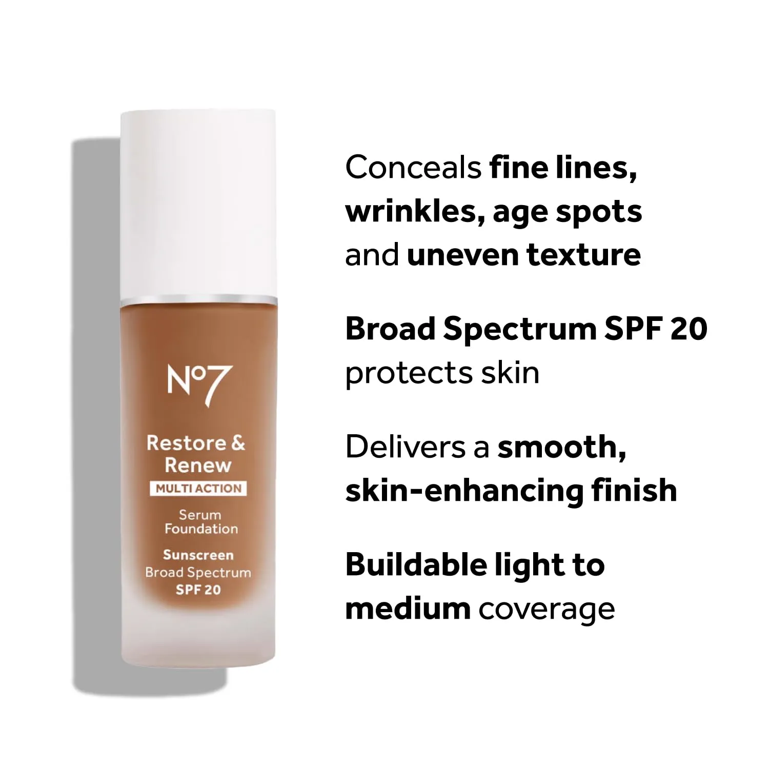 No7 Restore & Renew Multi Action Serum Foundation - Honey - Liquid Foundation Makeup with Vitamin C, Vitamin E & Collagen for Face - Beauty Skin Serum Formula with Medium Coverage (30ml)
