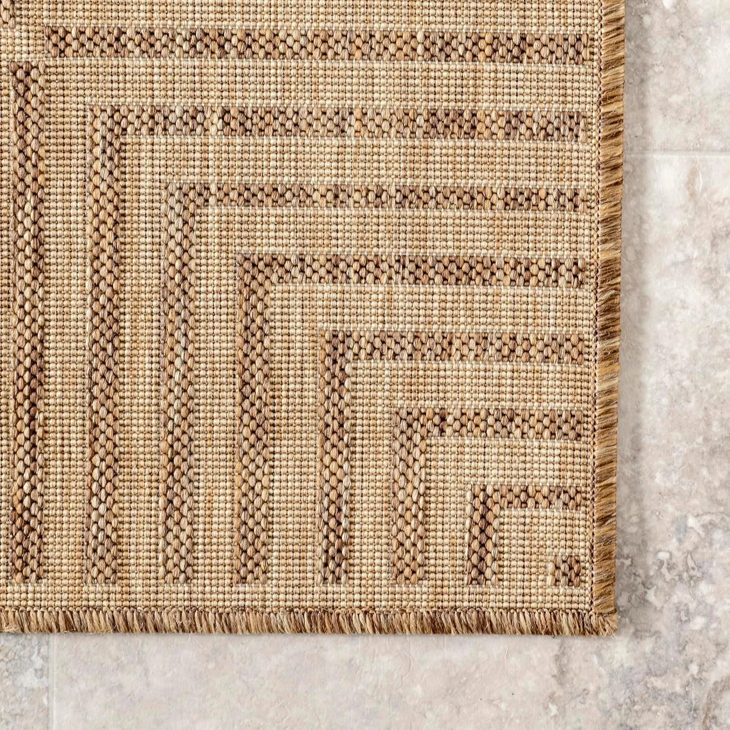 nuLOOM 2x8 Outdoor/Indoor Asha Area Rug, Light Brown, Casual Design With Striped Border, Stain Resistant, Highly Durable, For Patio, Balcony, Bedroom, Living Room, Dining Room, Bathroom