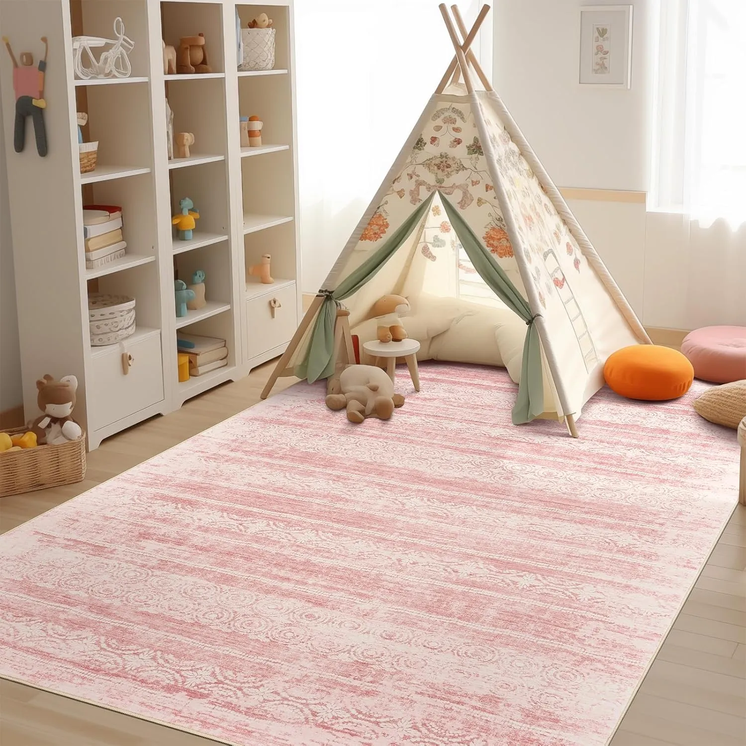 Nursery Rug for Baby Girl,Neutral Blush Pink Boho Cute Floral Foldable Machine Washable Soft Faux Wool Carpet 8x10 Area Rugs for Living Room Bedroom Dorm Kids Playroom,(Pink, 8'x10')
