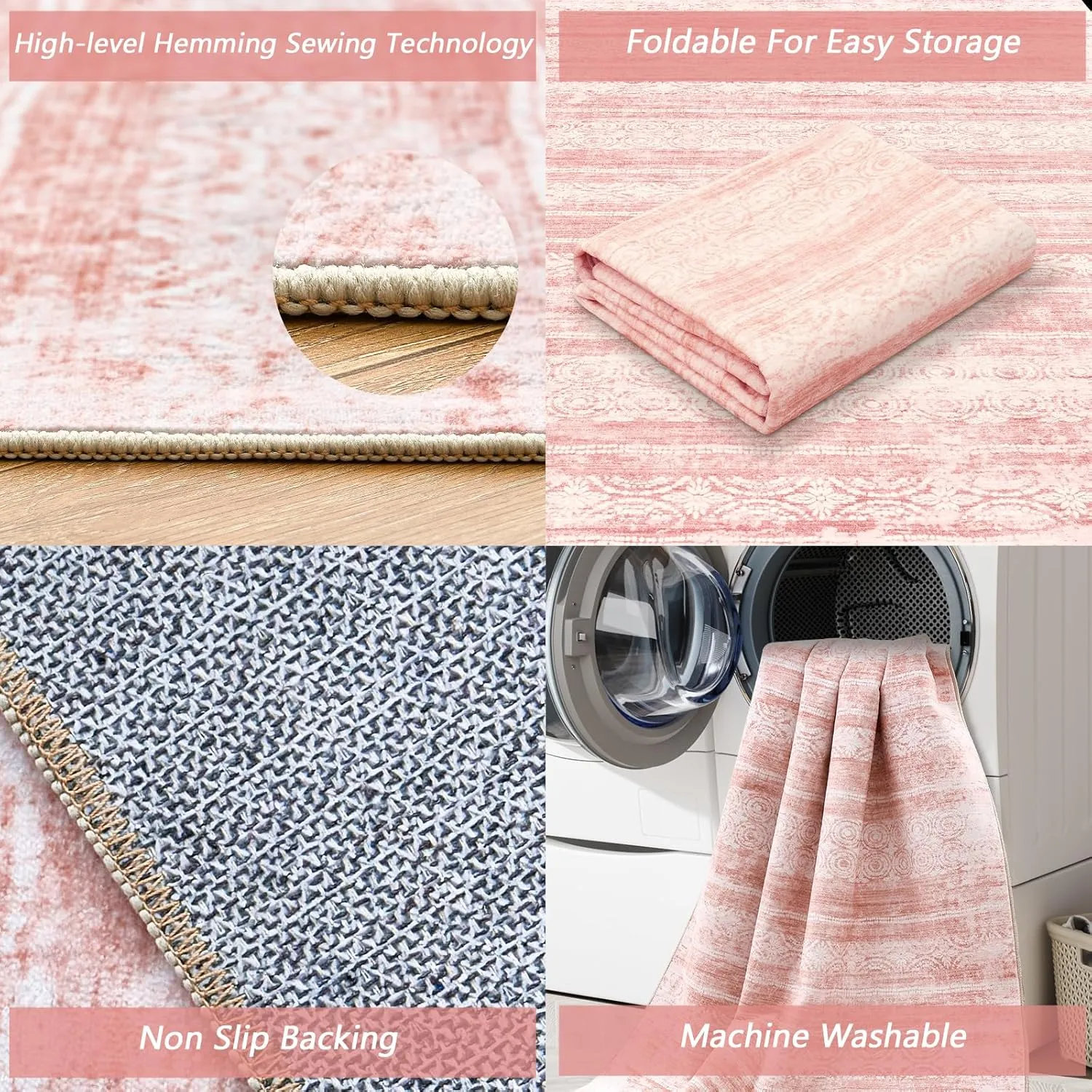 Nursery Rug for Baby Girl,Neutral Blush Pink Boho Cute Floral Foldable Machine Washable Soft Faux Wool Carpet 8x10 Area Rugs for Living Room Bedroom Dorm Kids Playroom,(Pink, 8'x10')