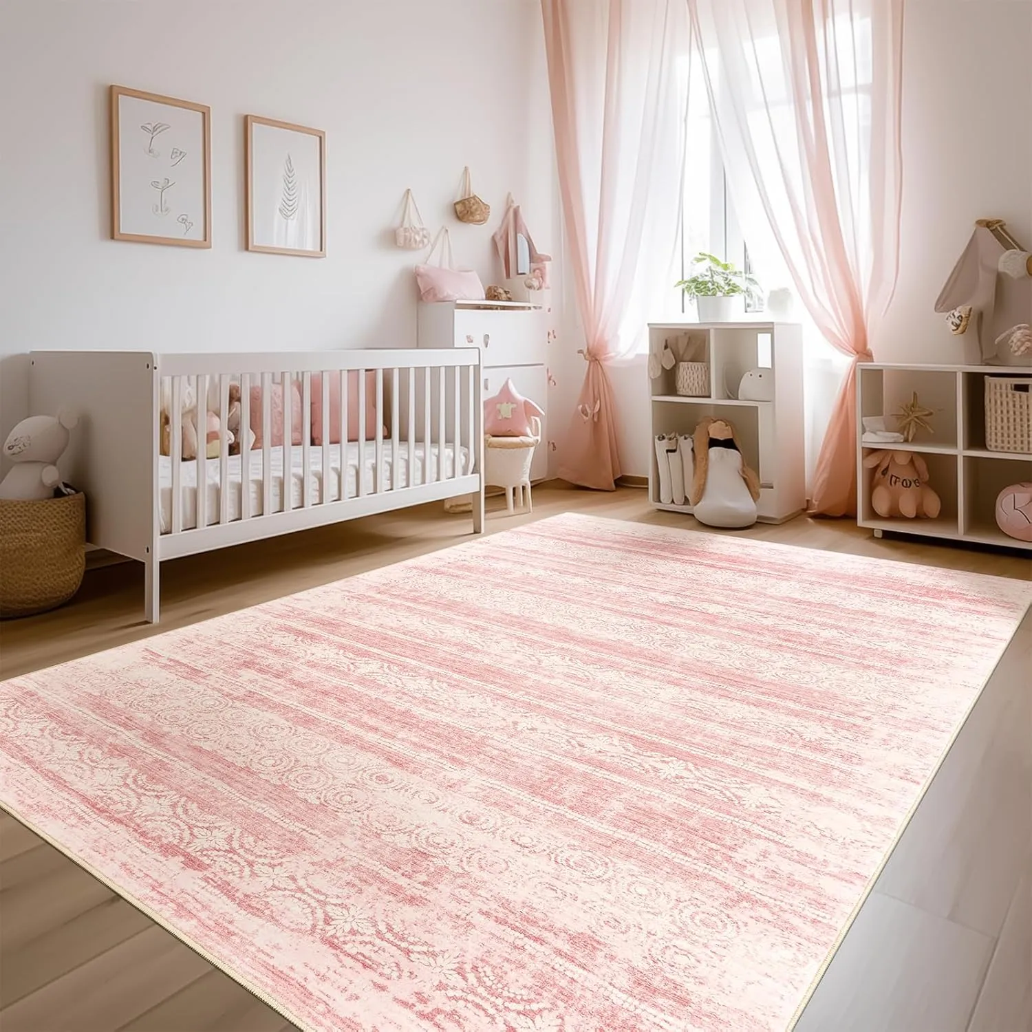 Nursery Rug for Baby Girl,Neutral Blush Pink Boho Cute Floral Foldable Machine Washable Soft Faux Wool Carpet 8x10 Area Rugs for Living Room Bedroom Dorm Kids Playroom,(Pink, 8'x10')