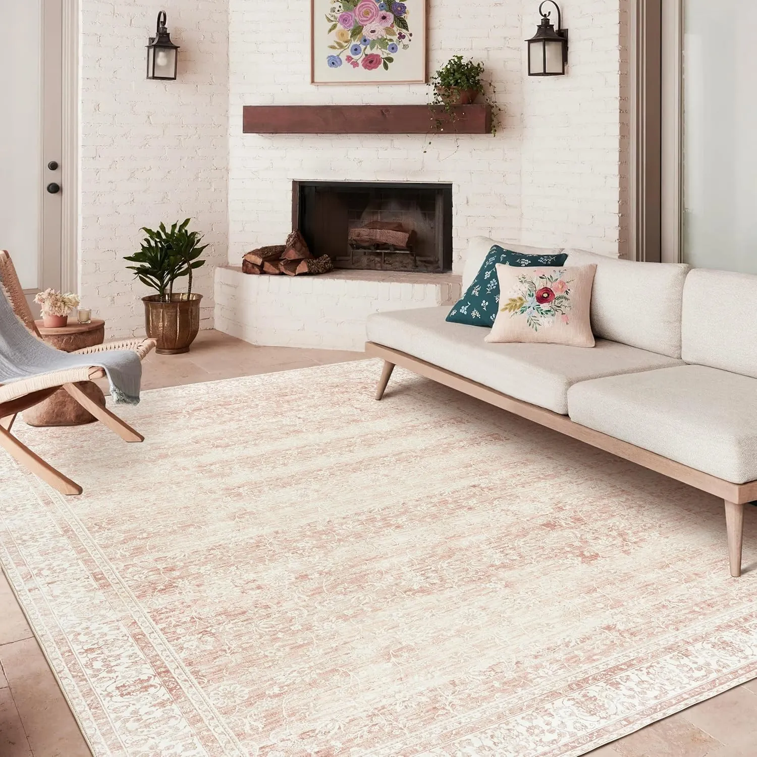 Nursery Rug for Baby Girl,Neutral Blush Pink Boho Cute Floral Foldable Machine Washable Soft Faux Wool Carpet Area Rugs for Living Room Bedroom Dorm Kids Playroom,5x7