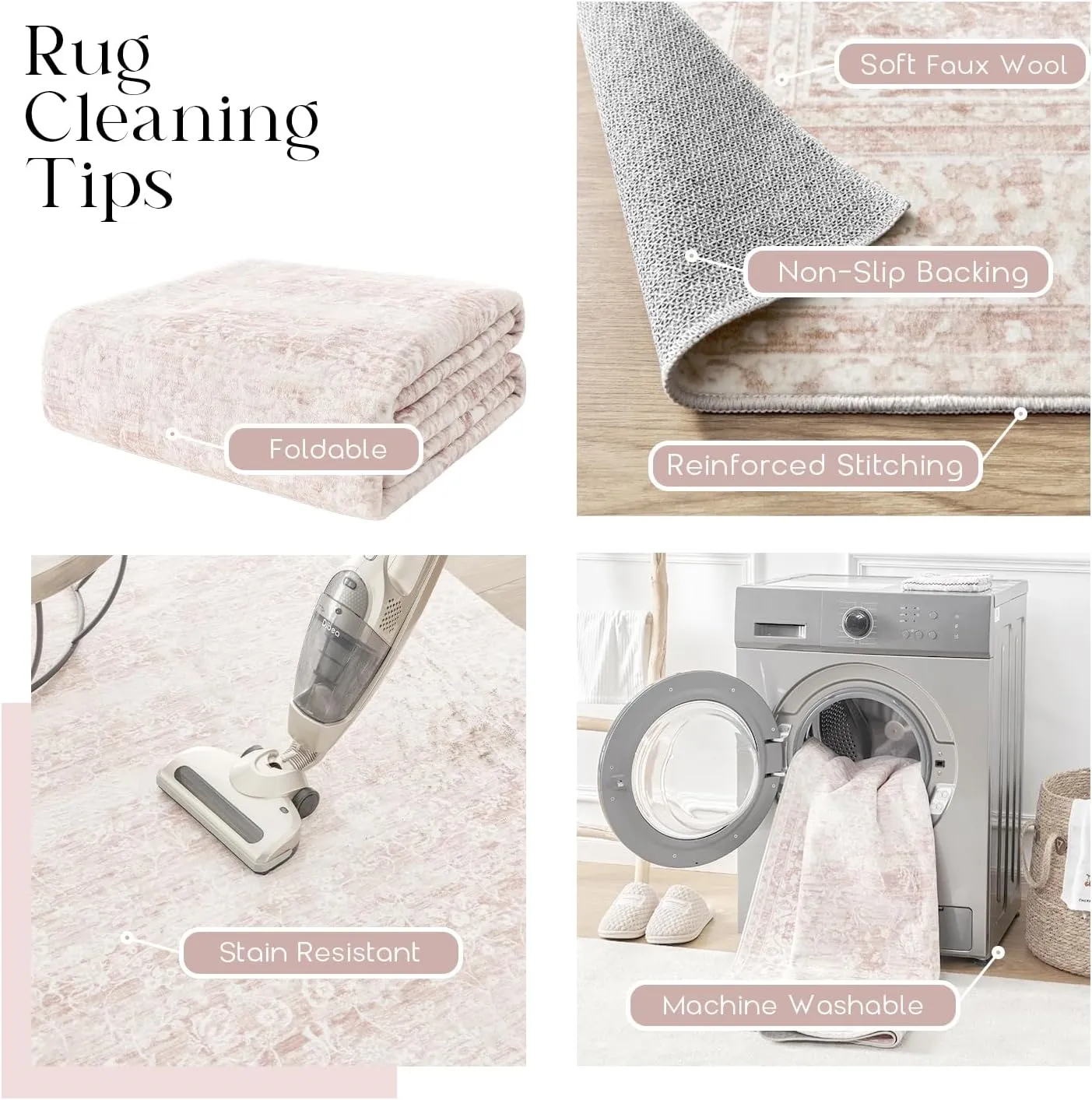 Nursery Rug for Baby Girl,Neutral Blush Pink Boho Cute Floral Foldable Machine Washable Soft Faux Wool Carpet Area Rugs for Living Room Bedroom Dorm Kids Playroom,5x7