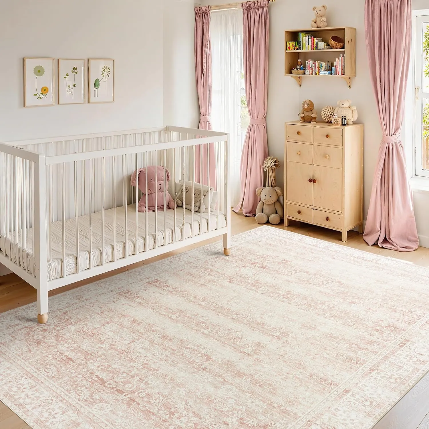 Nursery Rug for Baby Girl,Neutral Blush Pink Boho Cute Floral Foldable Machine Washable Soft Faux Wool Carpet Area Rugs for Living Room Bedroom Dorm Kids Playroom,5x7