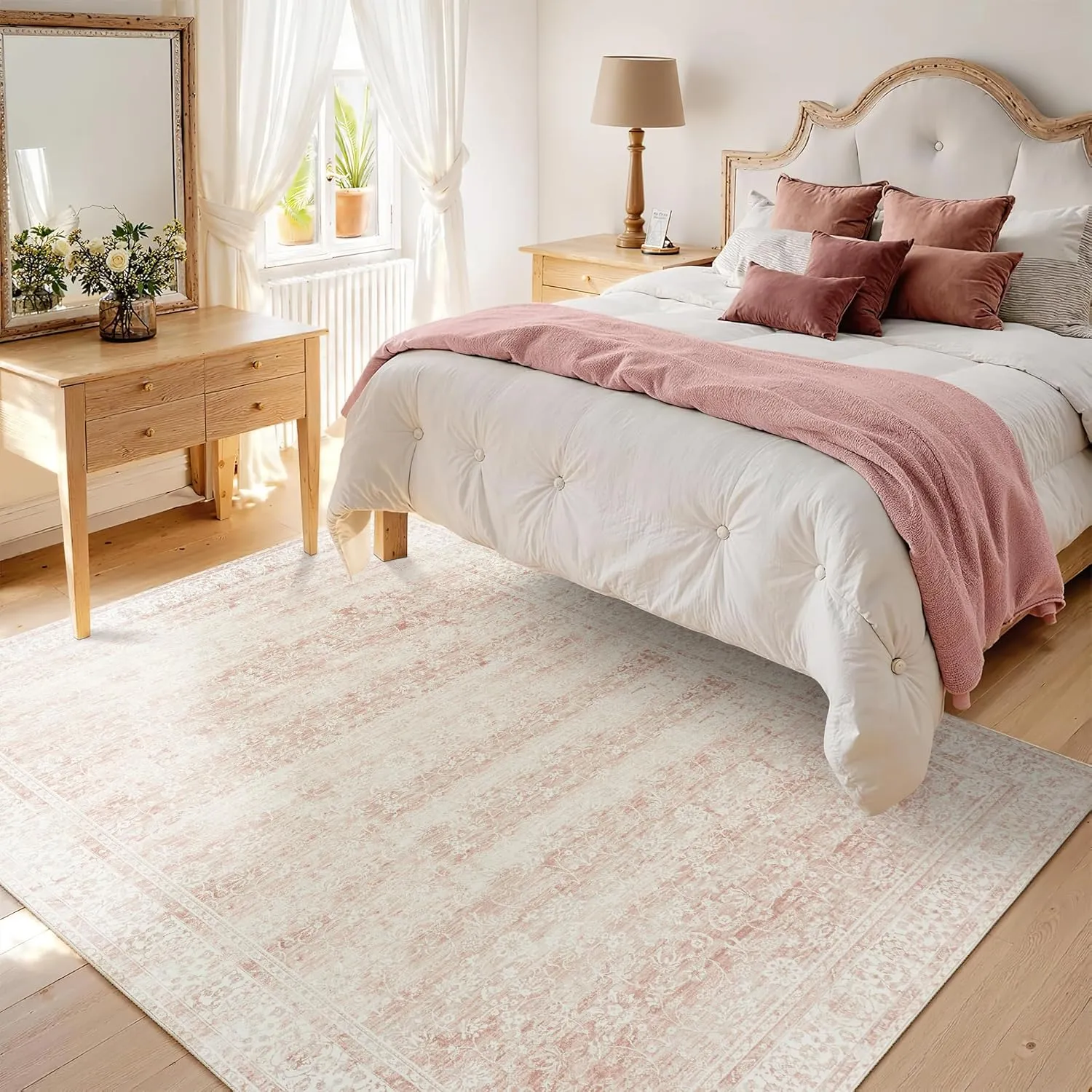 Nursery Rug for Baby Girl,Neutral Blush Pink Boho Cute Floral Foldable Machine Washable Soft Faux Wool Carpet Area Rugs for Living Room Bedroom Dorm Kids Playroom,5x7
