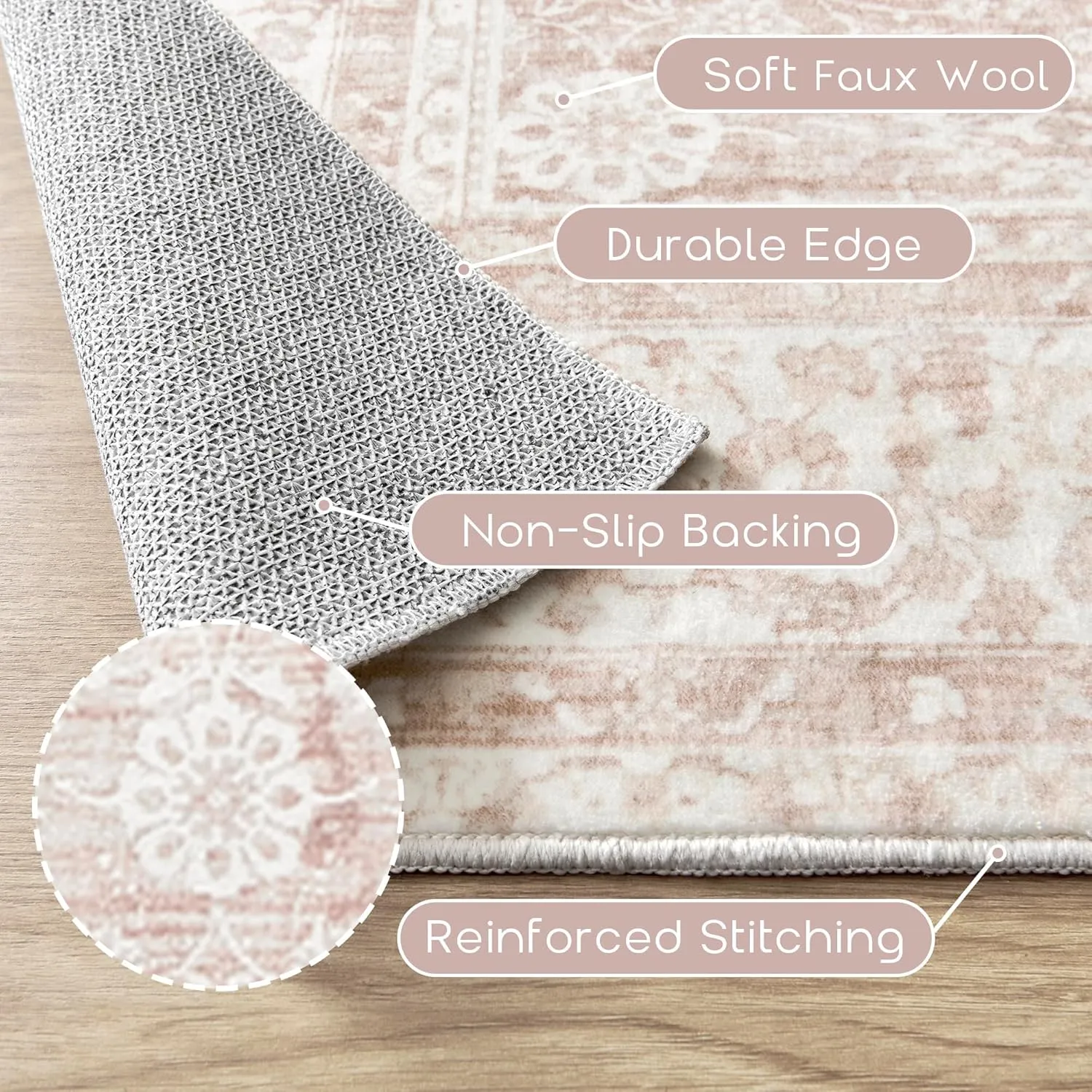 Nursery Rug for Baby Girl,Neutral Blush Pink Boho Cute Floral Foldable Machine Washable Soft Faux Wool Carpet Area Rugs for Living Room Bedroom Dorm Kids Playroom,5x7