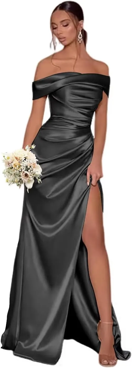 Off The Shoulder Bridesmaid Dresses with Split Satin Pleated Mermaid Long Bridesmaid Dress TM30