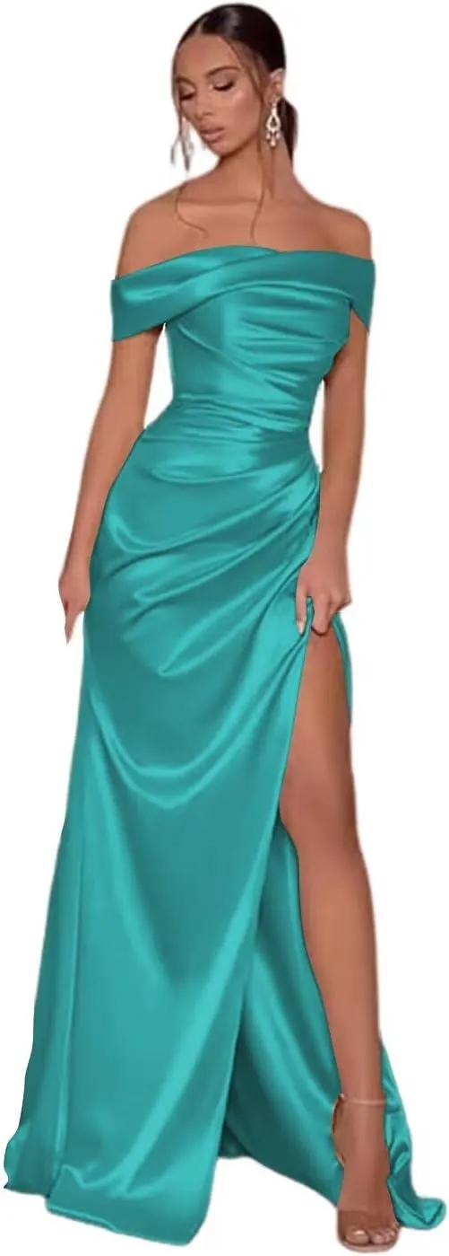 Off The Shoulder Bridesmaid Dresses with Split Satin Pleated Mermaid Long Bridesmaid Dress TM30