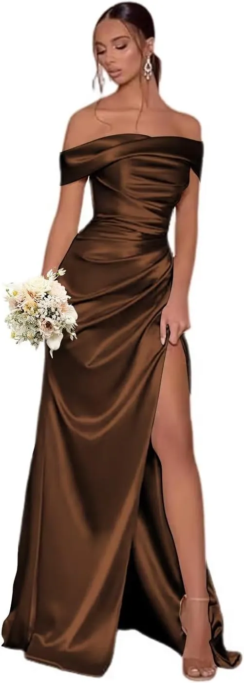 Off The Shoulder Bridesmaid Dresses with Split Satin Pleated Mermaid Long Bridesmaid Dress TM30
