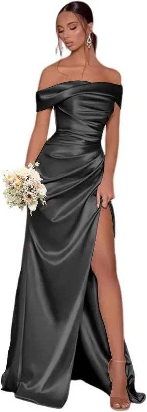 Off The Shoulder Bridesmaid Dresses with Split Satin Pleated Mermaid Long Bridesmaid Dress TM30